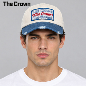 Casquette 5 panneaux en sergé de coton lavé avec patch tissé sur la couronne, visière en denim contrastant, trous usés, boucle unique, style streetwear vintage, vente en gros - Product Image 1