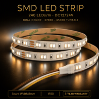 Bande LED flexible à double température de couleur (CCT) SMD2835, 120 LED/m, 240 LED/m, 10 mm, 12V/24V, 2700K-6500K, certifiée BIS CE, profil d'éclairage linéaire