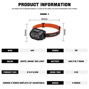 Linterna frontal LED CITICITY recargable de iones de litio, 8 modos, para adultos/niños, resistente al agua IP33, blanca/roja, 200 lúmenes, para la frente - Product Image 2