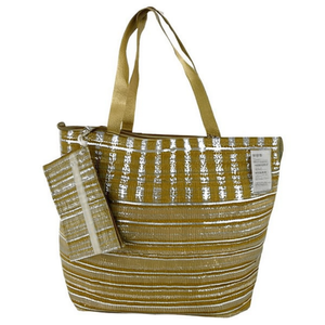 Sac de plage rayé or et argent 57x37x17 cm avec poignées larges et étroites et petit sac assorti - Product Image 2