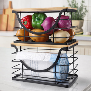 Support de rangement pour sacs poubelles de comptoir, 2 niveaux, noir, empilable, pliable, panier multifonctionnel pour légumes et fruits de cuisine - Product Image 1