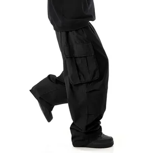 Yüksek kalite özel moda erkekler İpli bel cepler yan gevşek düz kargo pantolon Baggy Joggers pantolon