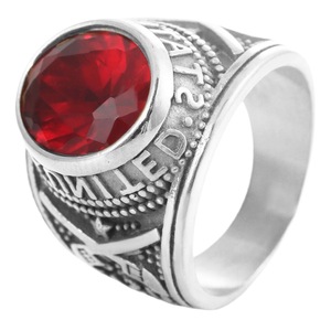Yunnique Men's <b>Gold</b> Tone Steel <b>Ring</b> Red Rhinestone Geometric Bezel Setting Letter Design Vintage Military Style Fashion Jewelry - Product Image 5