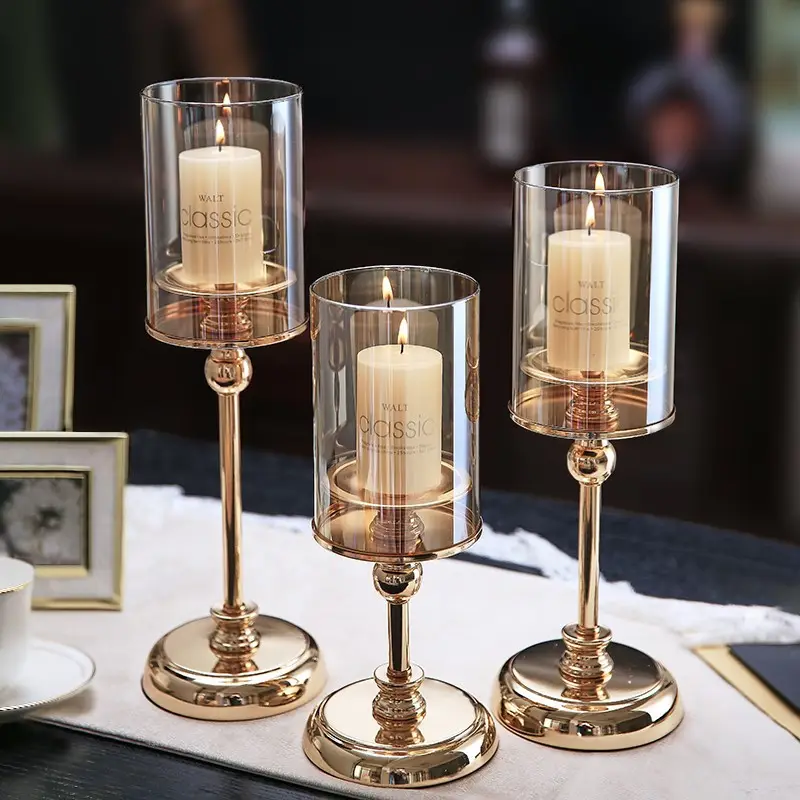 Vintage Luxury Alloy Glass Weeding Candlestick Holders Gold Candle Holder Decorative Brass Candle Holder Metal