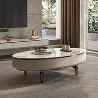 Table basse de salon de luxe en marbre avec piètement en métal doré et LED, rectangulaire, avec 2 tiroirs