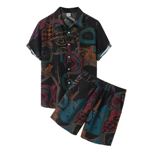 Chaoqi marca atacado 2024 tendência de venda quente casual manga curta camisa estampada floral masculina havaí aloha camisas calças conjunto