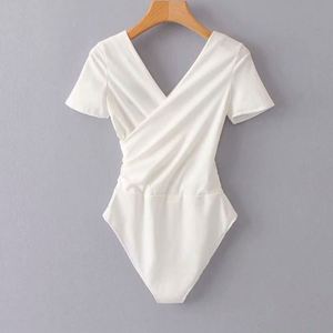 Nouveau Body Femme à Col Croisé, Coupe Ajustée, Dos Nu, Blanc, Manches Courtes, en Tricot - Product Image 1