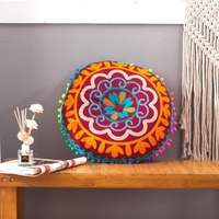 Pouf et taie d'oreiller ronds brodés à la main Maroc-Inde, oreiller tricoté, coussin de sol bohème pour fenêtre en baie, pour maison d'hôtes et hôtel