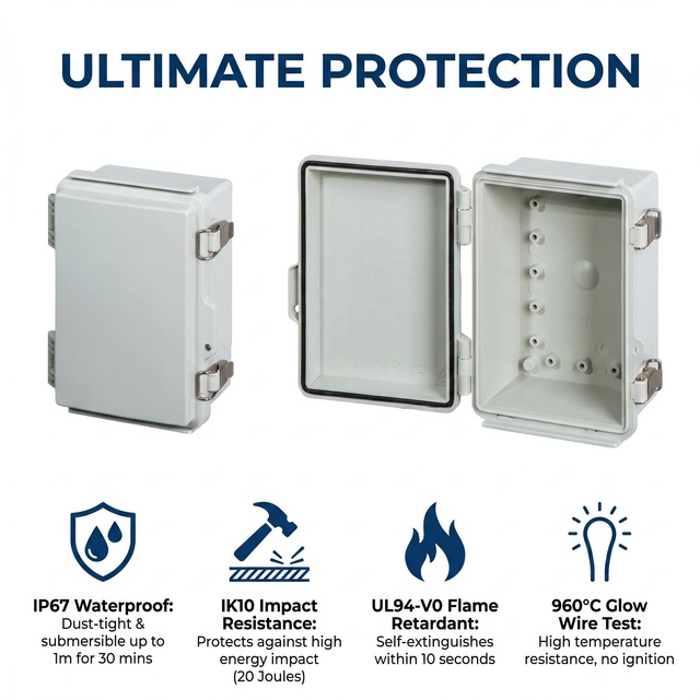 NEMA 6 Waterproof Junction Box Electrical Enclosure IK10 PC ABS Composite Shell 304 Stainless Steel Latches Outdoor Industrial