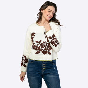 <span class=keywords><strong>Pull</strong></span> court tricoté à col rond pour <span class=keywords><strong>femme</strong></span>, motif intarsia fer à cheval rose western, bord ondulé vert contrastant, fabrication sur mesure - Product Image 3
