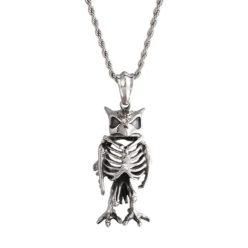 Retro stainless steel skeleton owl pendant animal necklace jewelry