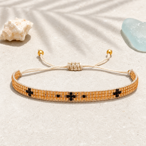 Bracelet perlé Go2boho, perles en verre filé <span class=keywords><strong>à</strong></span> la main couleur or avec motif géométrique noir, bijou ajustable idéal pour un cadeau - Product Image 4