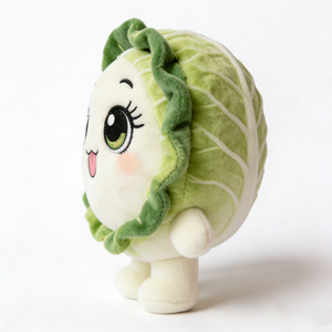 Peluche de chou ronde compacte bicolore personnalisée avec bordure de feuilles vertes à volants, texture de veines brodée, grand œil vert brillant - Product Image 1