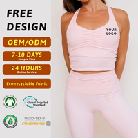 Soutien-gorge de sport OEM personnalisé rose à col licou froncé, crop top long sans armatures, marque privée, débardeur de gym, vente en gros