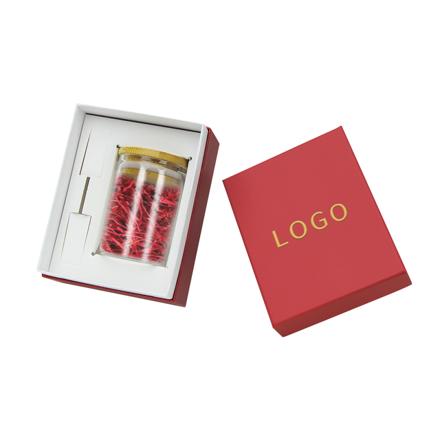 Custom Logo Red Luxury Saffron Storage Boxes with Clear Glass Bottle 2G 3G 5G Sizes Embossed Printing for Herb Storage