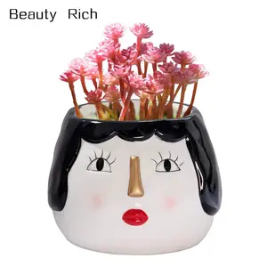 Ceramic Flower Pot Vase Cute Female Head Design Elegant Decorative Cactus Planter Hand Painting Succulent Pots for Indoor