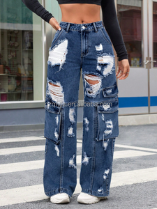 <span class=keywords><strong>Jeans</strong></span> <span class=keywords><strong>Cargo</strong></span> da <span class=keywords><strong>donna</strong></span> di alta qualità alti e lunghi con cuciture larghe stile Casual con Logo in vita a buon mercato prezzo all'ingrosso della fabbrica di Denim - Product Image 6