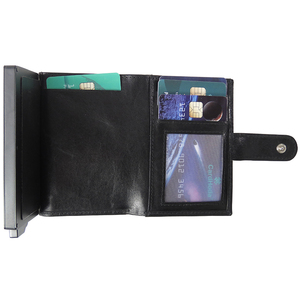 Genuine Leather Card Holder <b>Men</b> Short <b>Wallet</b> Aluminum <b>RFID</b> Blocking Multi-Card Position Buckle Closure Minimalist Style - Product Image 1