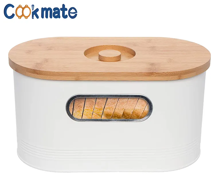 Винтажный Кухонный Контейнер для хранения пирожных из нержавеющей стали, большой современный высокий контейнер для хлеба 2 в 1 с крышкой из бамбуковой разделочной доски, белый
