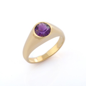 Anillo de oro amarillo sólido de 14K para hombre, joyería de moda, regalo de boda para invitados, piedra preciosa amatista de forma redonda Natural - Product Image 1