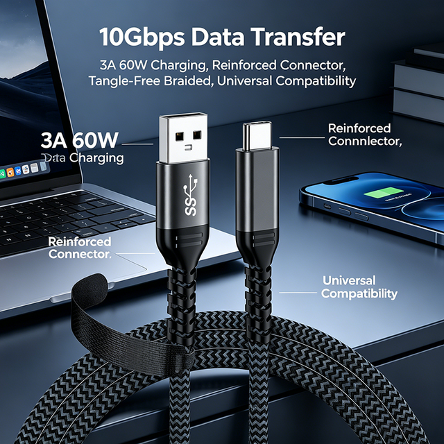 USB 3.2 Gen 2 a to Type C Cable 10Gbps Data Transfer 60W Fast Charging Braided Nylon Cord for Phone Laptop SSD Foil Shielding