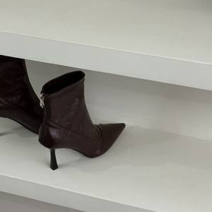 Bottines à talons aiguilles pointues style français pour femmes, en cuir marron, avec fermeture éclair, pour l'automne et l'hiver, coupe ajustée - Product Image 6