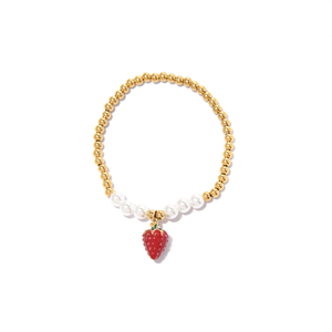 Pearl <b>Bracelet</b> With Strawberry Charm <b>Gold</b> Plated Stainless Steel Sustainable Resistant Jewelry For Women - Product Image 2