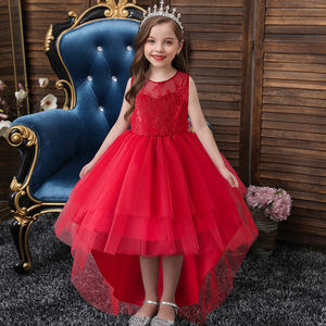 Girls Lace Tulle Ball Gown Dress Pink O-Neck High Low Hem Flower Girl Birthday Party Dress - Product Image 2
