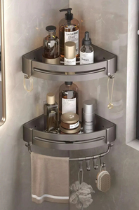 Estante de esquina de baño de aluminio con gancho de plástico, barra de toalla, sin taladro, estante de almacenamiento de ducha montado en la pared, organizador de espacio - Product Image 2