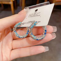 Pendientes de Aro de Zirconia Azules Exóticos de Estilo Étnico Vintage, Versátiles, con Círculo Geométrico Exagerado, Venta al por Mayor