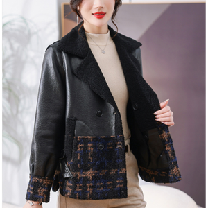 Nouvelle Veste en Cuir PU pour Femme, Style Élégant à Carreaux, Col Revers Tissé Brut, Épaisse et Chaude, Écologique, Hiver - Product Image 3