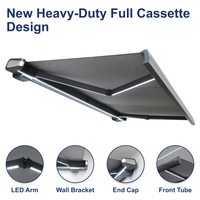 Auvent à cassette complète en alliage d'aluminium robuste, lumière LED, télécommande, résistant au vent, imperméable, protection UV, bras pliable, balcon