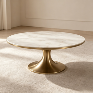 Modern <b>Round</b> Glass Coffee <b>Table</b> with <b>Gold</b> Metal Base 2-in-1 Contemporary Living Room Furniture - Product Image 3