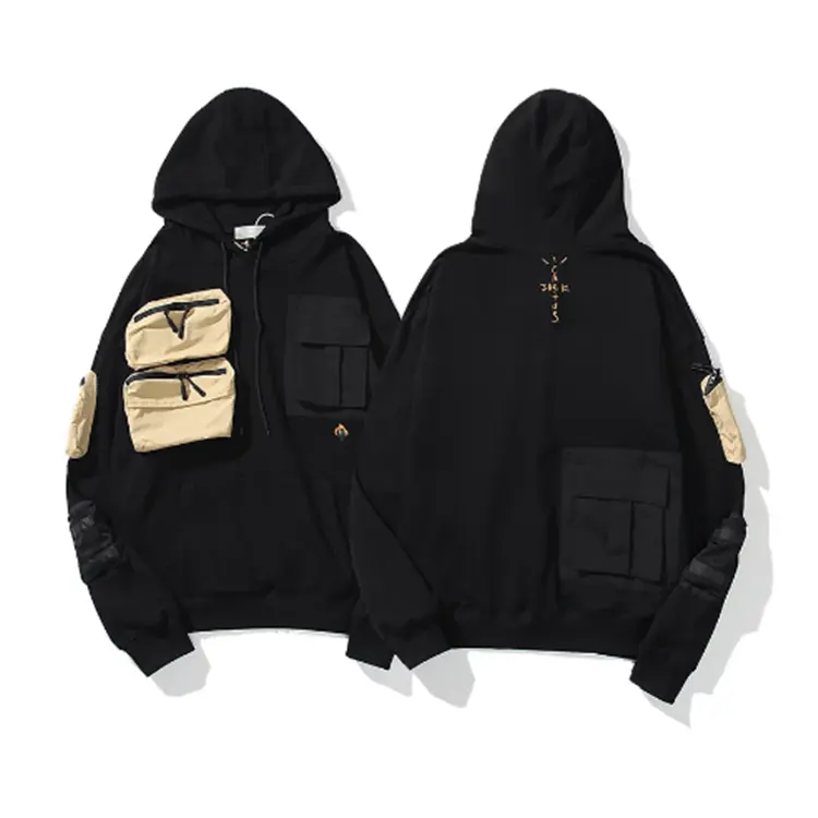 men hip hop black big pocket pullover custom embroidered hoodie