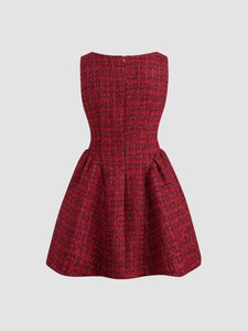 Твидовое дизайнерское платье с круглым вырезом и короткими рукавами, элегантное мини-платье с рюшами и вырезом лодочкой - Product Image 6