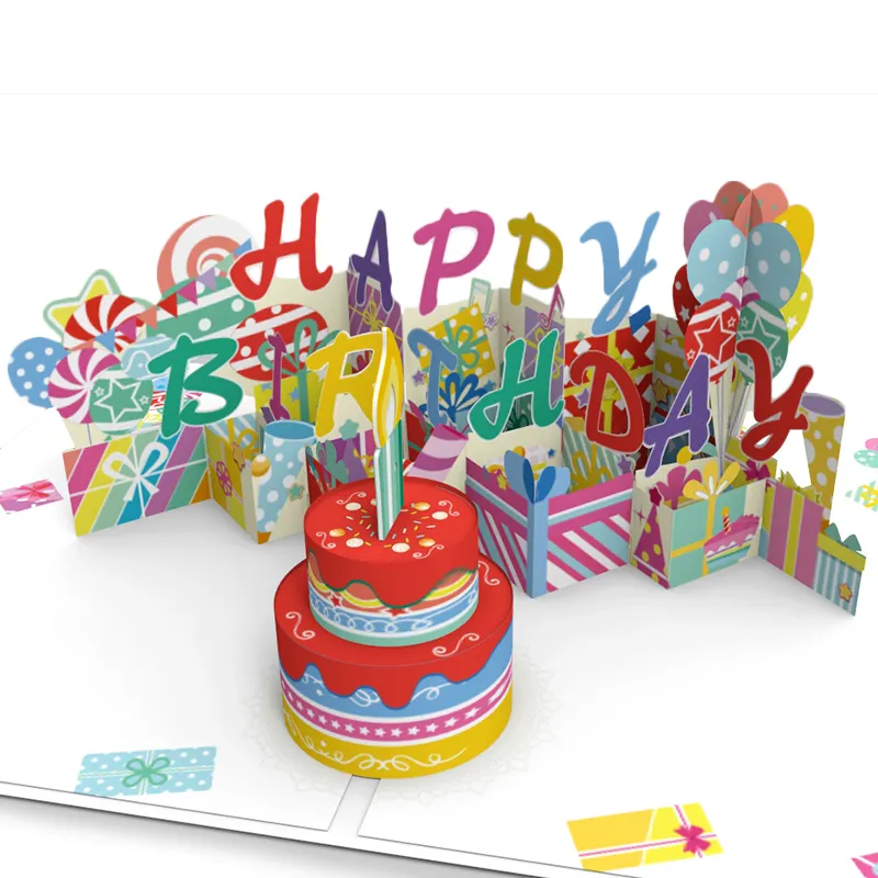 Tarjeta de felicitación de pastel de cumpleaños soplable personalizada Winpsheng, tarjeta emergente 3D con música y luces