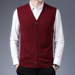 Suéter granate para hombre, chaleco clásico con botones, prendas de punto sin mangas, traje informal Formal, capas cálidas de invierno, ropa de moda elegante - Product Image 1