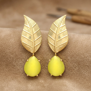Matte Gold Textured Leaf Gemstone Drop <b>Earrings</b> Yellow Agate Teardrop Dangle <b>Earrings</b> Brass 18K Gold Plated Wholesale Jewelry - Product Image 3