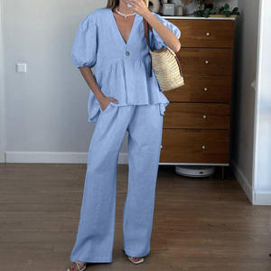 Top a Maniche Corte con Bottoni e Pantaloni con Elastico in Vita, Set Due Pezzi in <span class=keywords><strong>Cotone</strong></span> per <span class=keywords><strong>Donna</strong></span>, Abbigliamento Estivo - Product Image 2