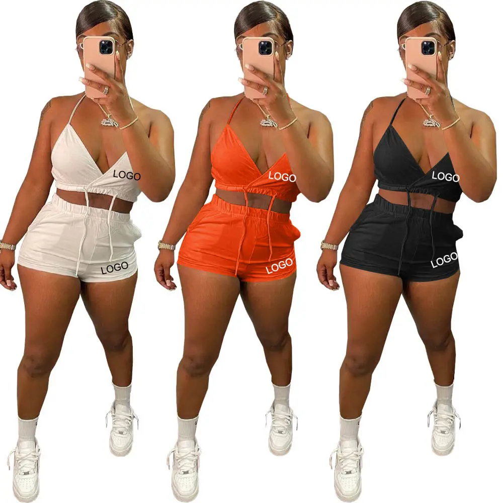 Custom Women Clothing Sexy Deep V Neck String Tops Biker Shorts Sets 2 Pieces Summer Short Outfits