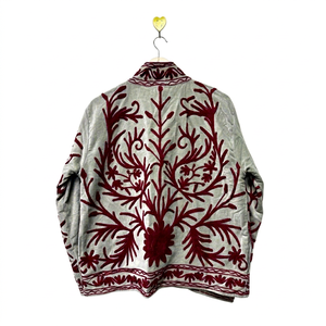 Ethnic Gray <b>Velvet</b> Suzani Embroidered <b>Jacket</b> with Floral Pattern Full Sleeve Stand Collar Bohemian <b>Women's</b> Autumn Outerwear - Product Image 3