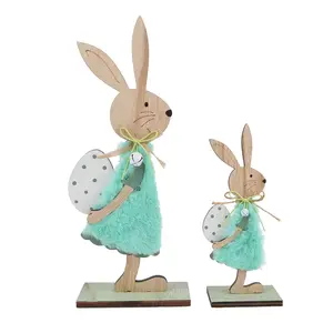 Ostern Tischplatten-Zentraltücke flauschiger Hase Dekorationen hölzernes grünes Kaninchen Familienfigurenschmuck