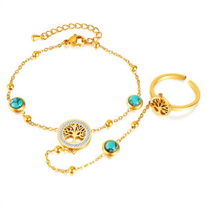 Pulsera de Dedo y Anillo de Mano para Mujer, de Acero Inoxidable 316L, con Baño de Oro PVD de 14k y 18k, Diseño Árbol de la Vida, No se Deslustra - Product Image 1