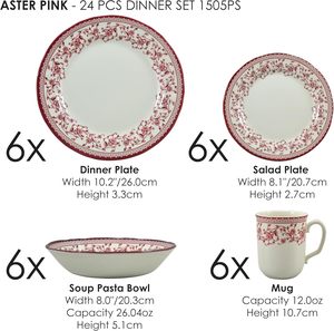 Juego de Vajilla de Porcelana <span class=keywords><strong>Tudor</strong></span> Royal de 24 Piezas para 6 Personas, Color Rosa Aster, con Platos, Tazones, Tazas y Vajilla Floral Roja, Acabado Brillante de Primera Calidad - Product Image 2