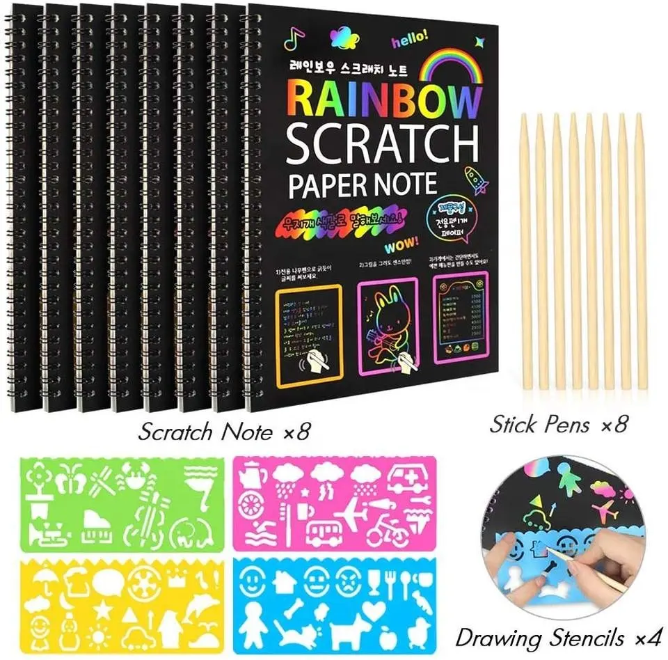 Custom Diy Rainbow Scratch Off Papieren Kaarten Scratch Art Boek Set Kras Boek Voor Kinderen Note Spiraal Boek