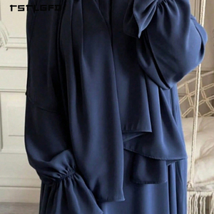 Women Lightweight Matte Chiffon Abaya Elasticated <b>Flared</b> Cuff Long Sleeve Modest Muslim Casual Daily Wear Maxi Dress Multi Color - Product Image 3