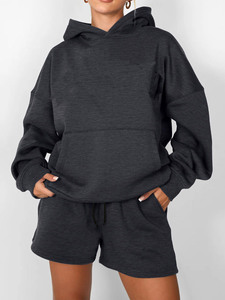 ชุดเซ็ตฮู้ดดี้และกางเกงขาสั้นสองชิ้น พิมพ์โลโก้ตามสั่ง คุณภาพสูง สตรีทแวร์ เนื้อผ้าหนานุ่ม ระบายอากาศได้ดี ชุดวอร์มผู้หญิงทรงโอเวอร์ไซส์ - Product Image 5