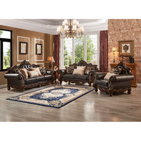 Vintage Europäisches Ledersofa-Set Handgeschnitzter Massivholzrahmen Luxuriöse Wohnzimmermöbel