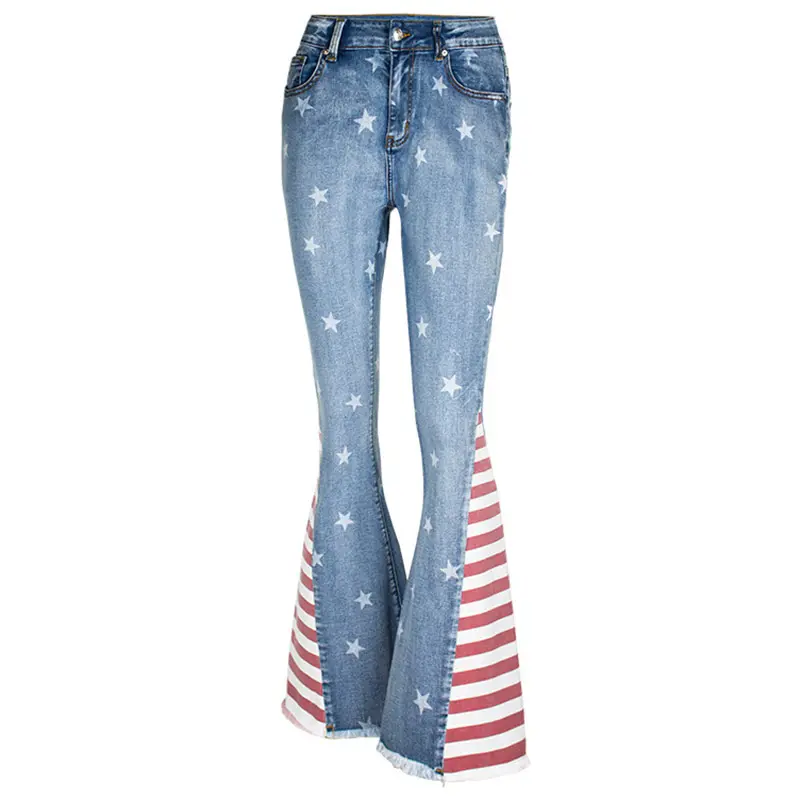 Vendors Clothing Clothes New Comfortable Oversize Color Block Striped Flared Women Jeans With Star Pattern