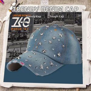 Casquette de baseball en denim Oxford à 6 panneaux personnalisable, vente en gros d'usine, tendance, sportive, avec rivets étoile à cinq branches et visière incurvée - Product Image 2